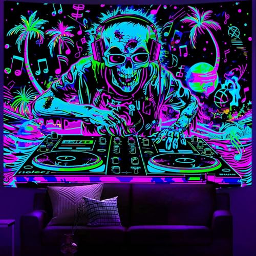 VEIGIKE Cool Gothic Skull Blacklight Tapestry UV Reactive, Funny Trippy Skeleton Music Neon Black Light Art Poster for Men Room Bedroom, Goth Band Hippie Hip Hop Glow in The Dark Party Decor (60X40) - Image 4
