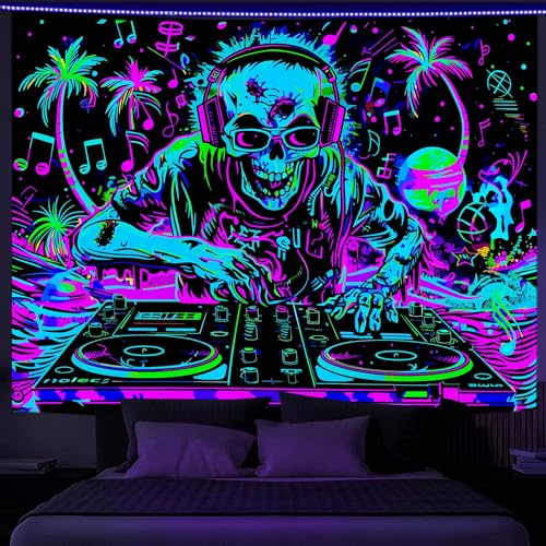 VEIGIKE Cool Gothic Skull Blacklight Tapestry UV Reactive, Funny Trippy Skeleton Music Neon Black Light Art Poster for Men Room Bedroom, Goth Band Hippie Hip Hop Glow in The Dark Party Decor (60X40) - Image 3