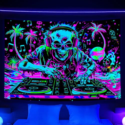 VEIGIKE Cool Gothic Skull Blacklight Tapestry UV Reactive, Funny Trippy Skeleton Music Neon Black Light Art Poster for Men Room Bedroom, Goth Band Hippie Hip Hop Glow in The Dark Party Decor (60X40) - Image 1