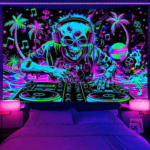 VEIGIKE Cool Gothic Skull Blacklight Tapestry UV Reactive, Funny Trippy Skeleton Music Neon Black Light Art Poster for Men Room Bedroom, Goth Band Hippie Hip Hop Glow in The Dark Party Decor (60X40) - Image 2
