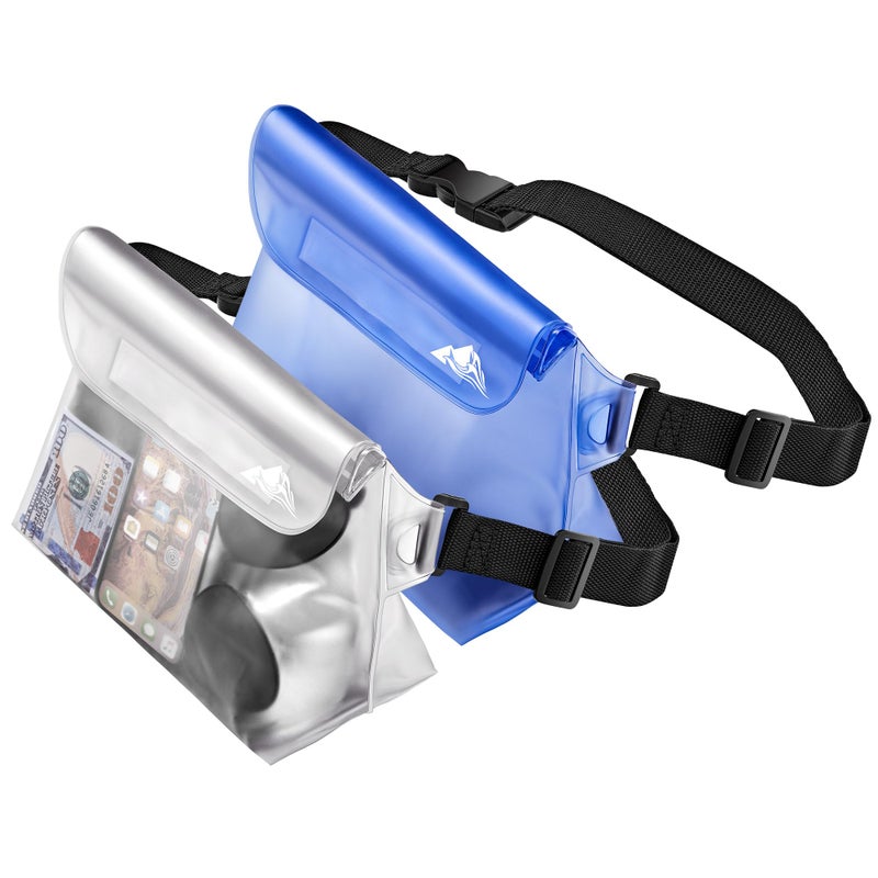 HEETA 2-Pack Waterproof Pouch with Waist Strap, Screen Touchable Dry Bag with Adjustable Belt for Phone Valuables for Kayaking Swimming Snorkeling Boating Fishing Surfing Beach (White & Blue) - Image 1