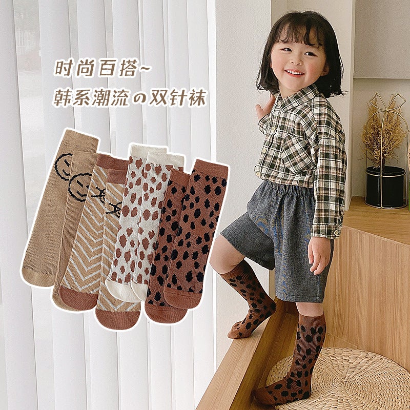 2024 Children'S Socks Smiling Face Double Needle Calf Socks Leopard Print Girls Socks Big Children Baby Socks - Image 5