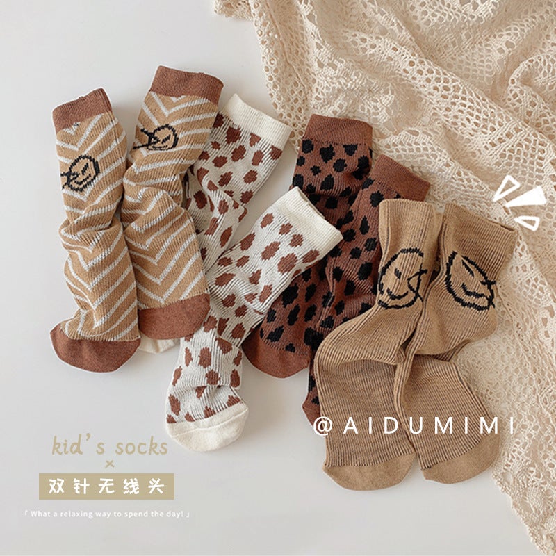 2024 Children'S Socks Smiling Face Double Needle Calf Socks Leopard Print Girls Socks Big Children Baby Socks - Image 2