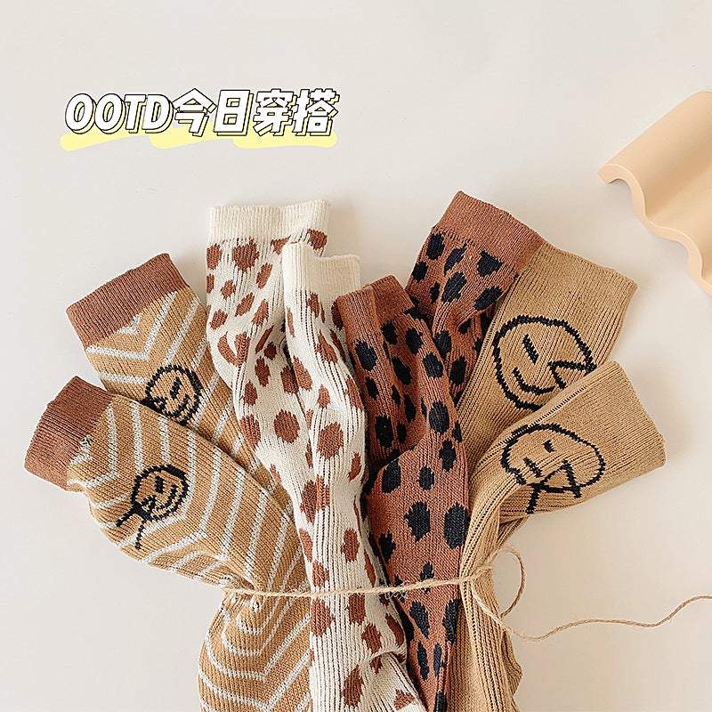 2024 Children'S Socks Smiling Face Double Needle Calf Socks Leopard Print Girls Socks Big Children Baby Socks - Image 4