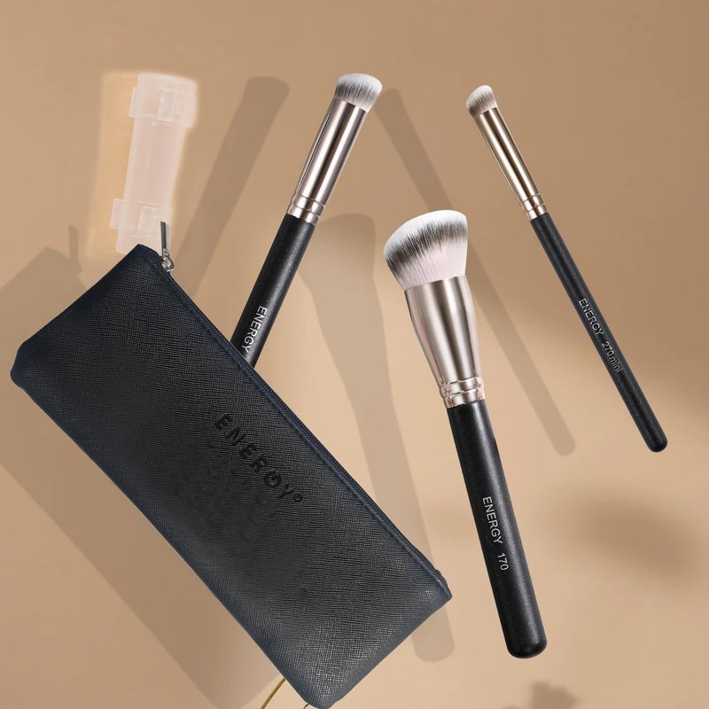 Energy Makeup Brushes Set Professional Kabuki Foundation Concealer Brush Under Eye Nose Contour Brush for Liquid Cream Powder Blending Buffing with Travel Bag 3PCS - Image 2