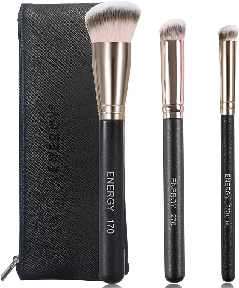 Energy Makeup Brushes Set Professional Kabuki Foundation Concealer Brush Under Eye Nose Contour Brush for Liquid Cream Powder Blending Buffing with Travel Bag 3PCS - Image 1