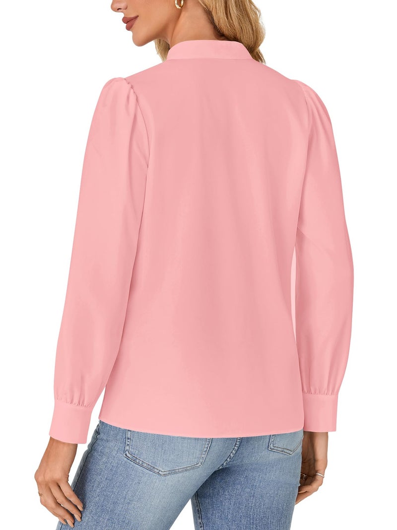 Rooscier Women's Lace Mock Long Sleeve Button Down Elegant Blouse Shirt Top Fall Clothes Light Pink Small - Image 5