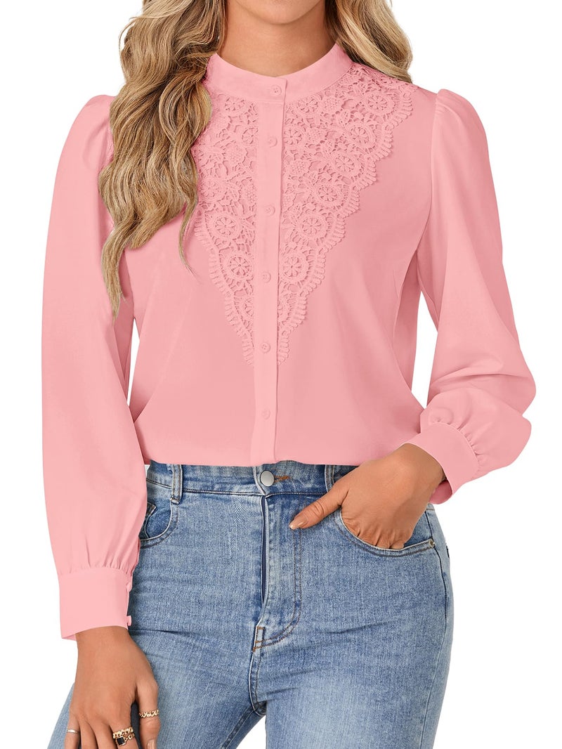 Rooscier Women's Lace Mock Long Sleeve Button Down Elegant Blouse Shirt Top Fall Clothes Light Pink Small - Image 1