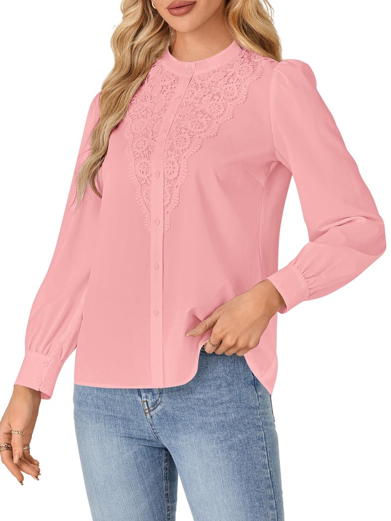 Rooscier Women's Lace Mock Long Sleeve Button Down Elegant Blouse Shirt Top Fall Clothes Light Pink Small - Image 3