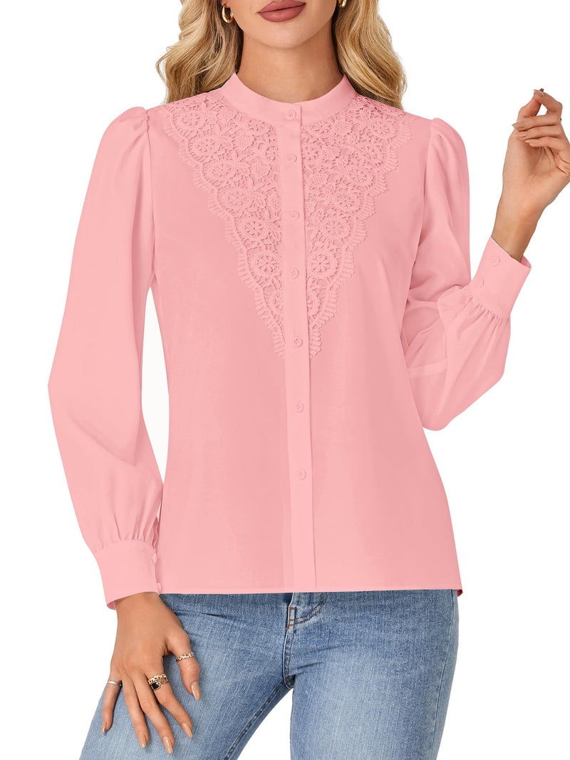 Rooscier Women's Lace Mock Long Sleeve Button Down Elegant Blouse Shirt Top Fall Clothes Light Pink Small - Image 2