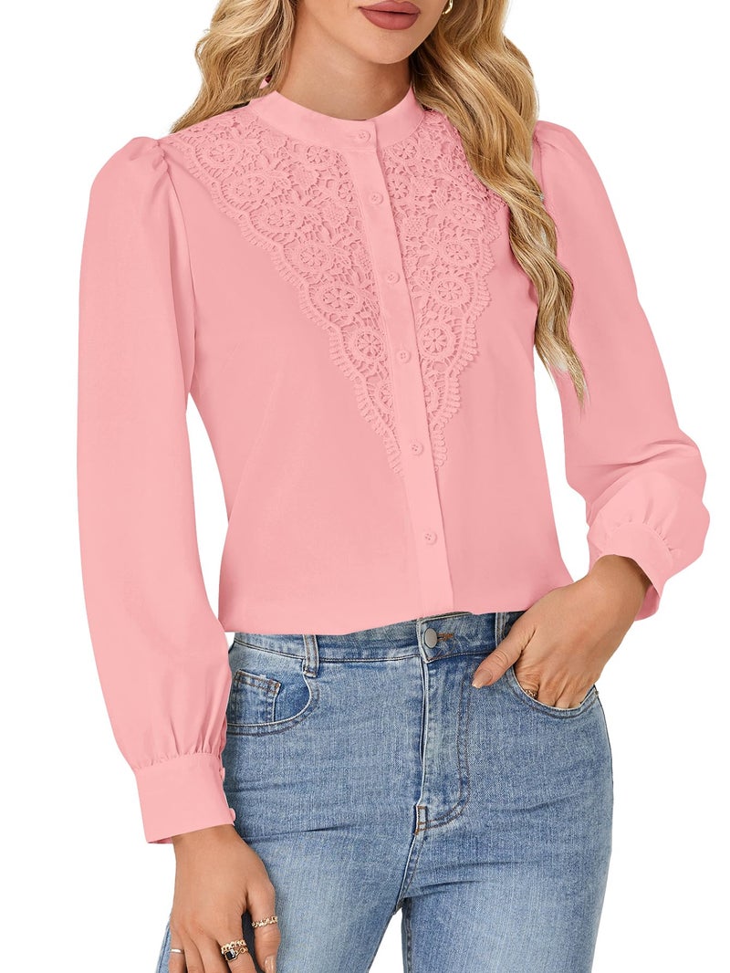 Rooscier Women's Lace Mock Long Sleeve Button Down Elegant Blouse Shirt Top Fall Clothes Light Pink Small - Image 4