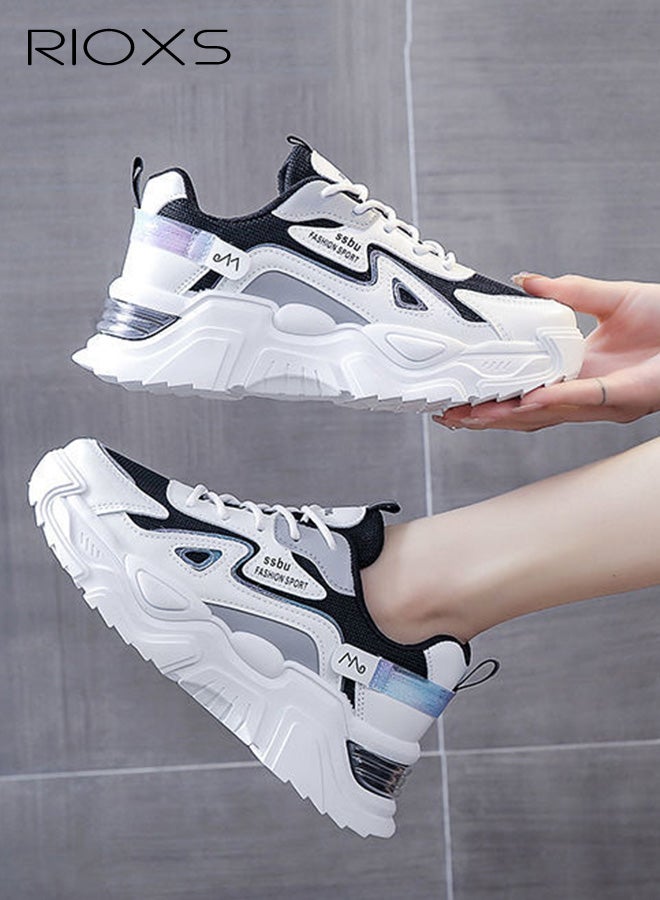 ريوكس أحذية رياضية مكتنزة للنساء، أحذية رياضية مريحة للتنفس، أحذية رياضية عالية الارتفاع أحذية الأبوة، أحذية رياضية غير رسمية للموضة للنزهة، أحذية رياضية خفيفة الوزن مع أحذية مضادة للانزلاق، أحذية رياضية خفيفة للشارع والملابس اليومية، المدربون الرمادية السوداء - Image 1