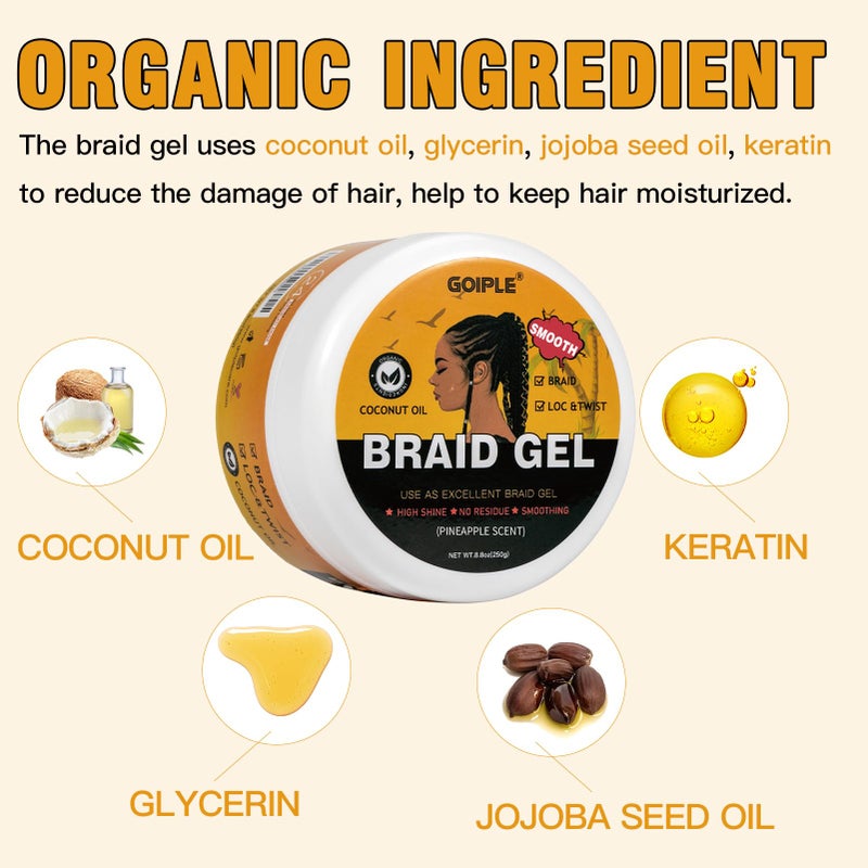 Goiple Strong Hold Braid Gel Good for Twist, Locs, Braids, Edge No Flake Extra Hold High Shine Braiding Gel & Edge Control 8.8oz with Hair Combs - Image 3