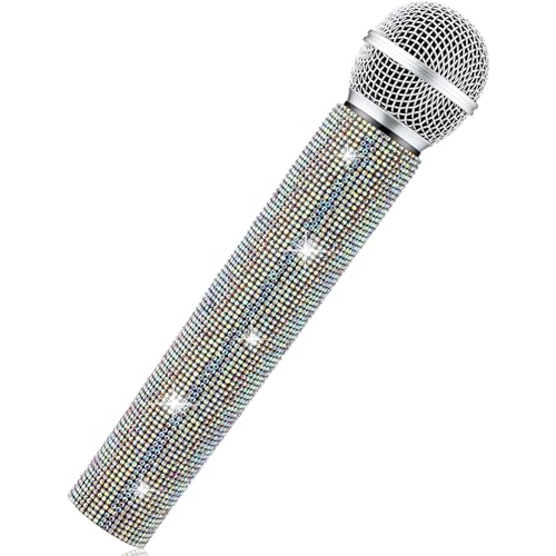 Sanwuta Fake Microphone Prop Sparkly Bling Rhinestones Plastic Play Microphone Pretend Glitter Bedazzled Mic for Cosplay Party CostumeSilver - Image 1