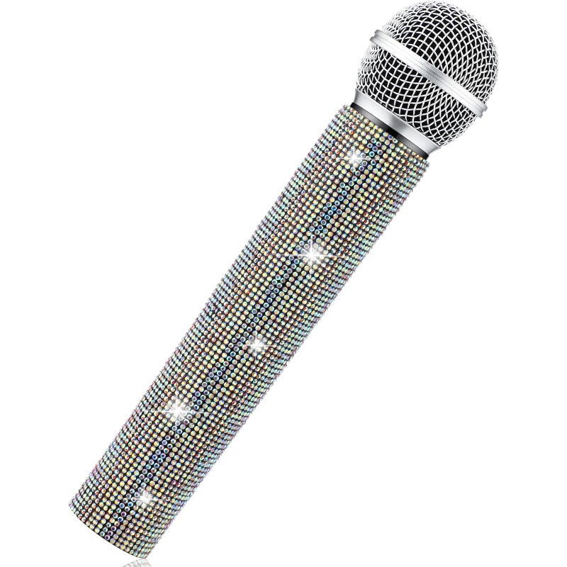 Sanwuta Fake Microphone Prop Sparkly Bling Rhinestones Plastic Play Microphone Pretend Glitter Bedazzled Mic for Cosplay Party CostumeSilver - Image 2