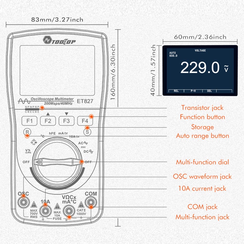 مقياس موجات ومقياس متعدد 2 في 1 TOOLTOP ET827 عرض نطاق ترددي 40 ميجاهيرتز معدل أخذ عينات 200 ميجا عينة في الثانية مقاييس موجات محمولة مع معاينة موجة ذكاء اصطناعي مبتكرة لأعمال التصنيع الذاتي والاختبارات الإلكترونية - Image 4