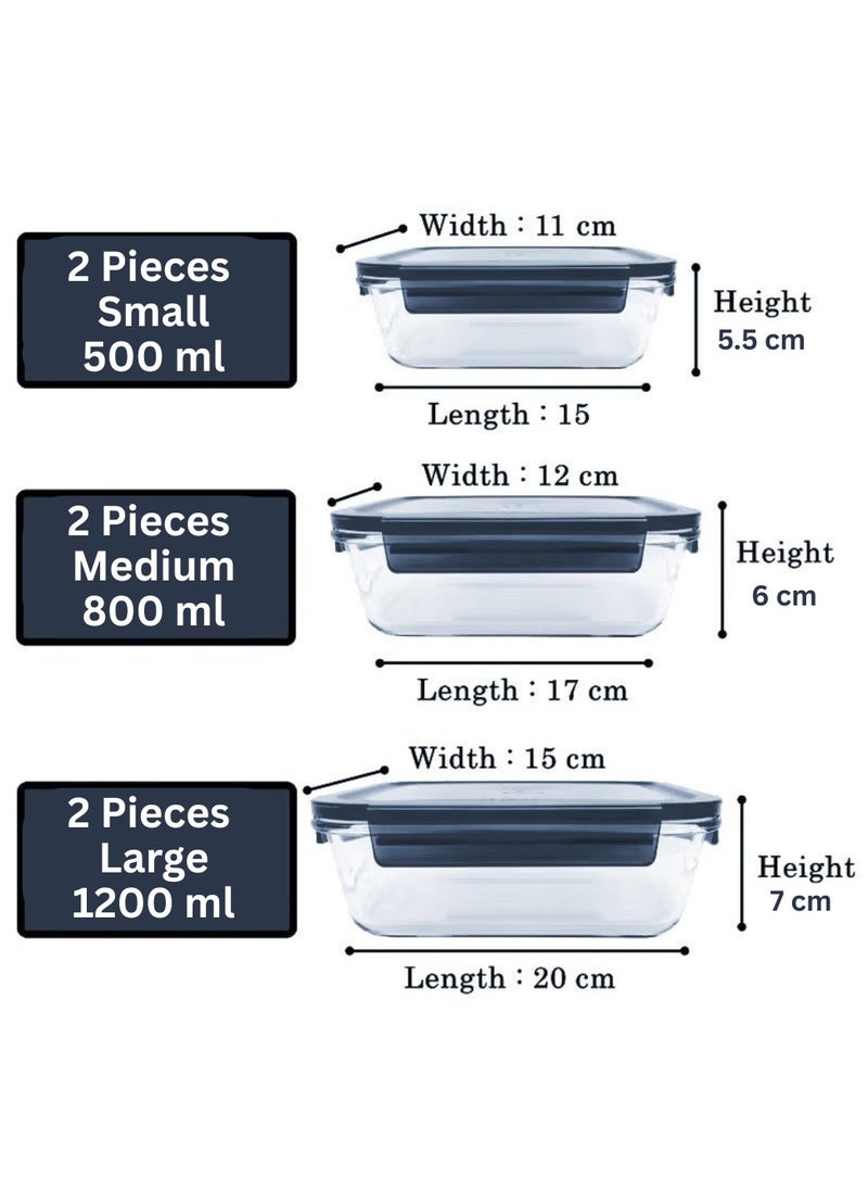 Trendify - 6 Pack Glass Meal Prep Containers With Leakproof Locking Lids Glass Food Storage Containers, 2 Large Size (1200ml) * 2  Medium (800ml) * 2 Small (500ml) - Image 1