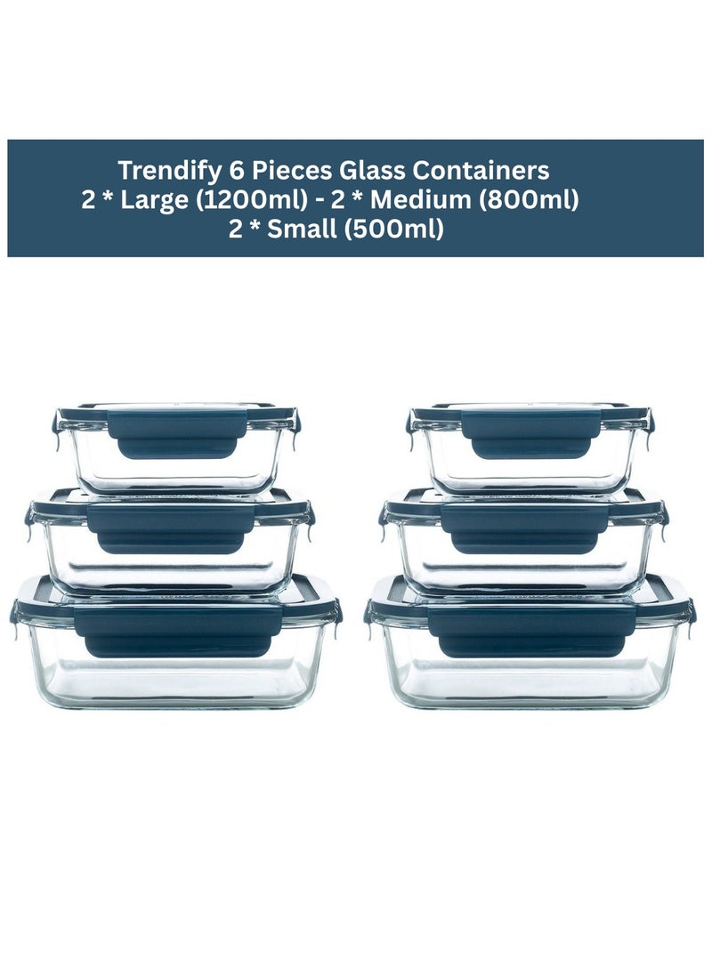 Trendify - 6 Pack Glass Meal Prep Containers With Leakproof Locking Lids Glass Food Storage Containers, 2 Large Size (1200ml) * 2  Medium (800ml) * 2 Small (500ml) - Image 1