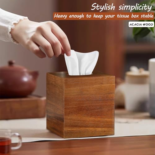 BIBELUN Square Tissue Box Cover, Acacia Wood Tissue Box Holder for Desktop Nightstand Bathroom Office, Decorative Facial Tissue Cube Box Cover/Organizer for Modern Home Decor - Image 2