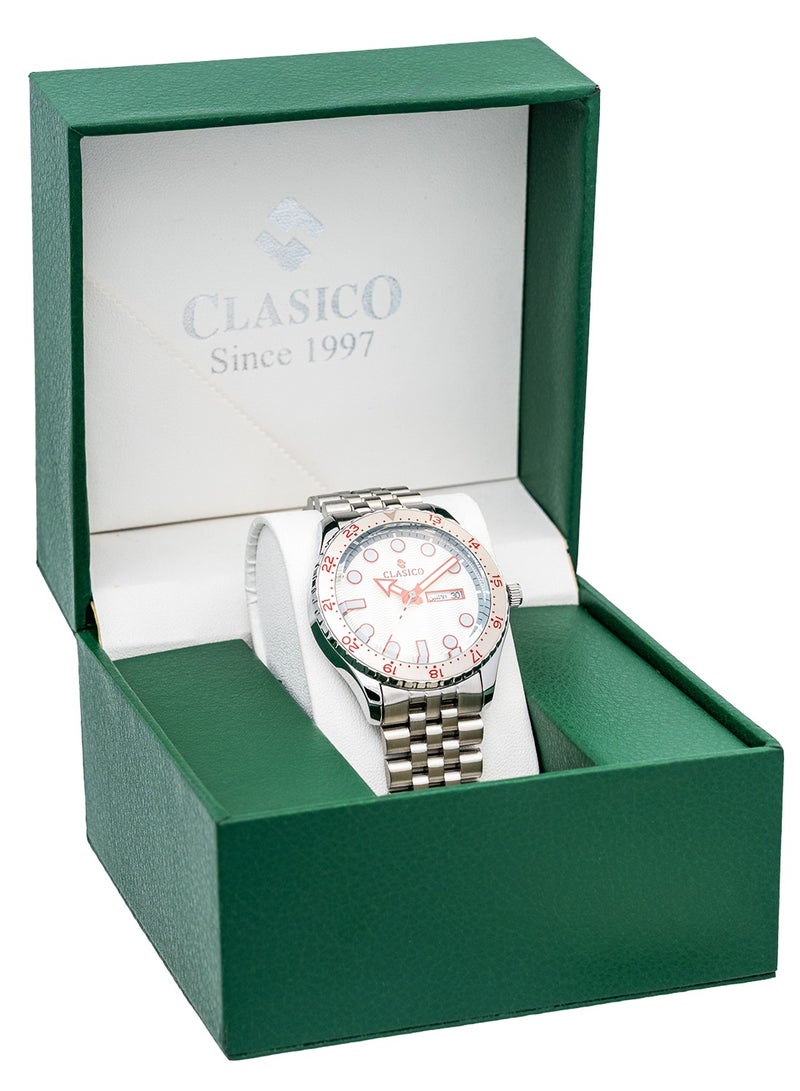 Clasico ساعة كواتز سودة - مجموعة GMT – إصدار فضي وأبيض | حزام من الفولاذ المقاوم للصدأ | حركة كواتز Elite Y121 | تصميم رياضي مقاوم للماء - Image 5