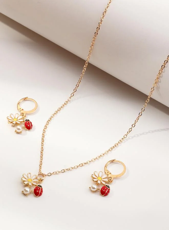 Take Two  Girls Multi-Color Red Ladybug and Daisy Pendant Necklace and Earrings Set for Women | Best Price UAE