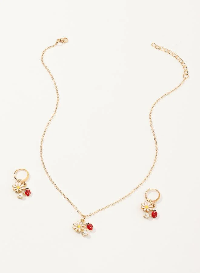 Take Two  Girls Multi-Color Red Ladybug and Daisy Pendant Necklace and Earrings Set for Women | Best Price UAE