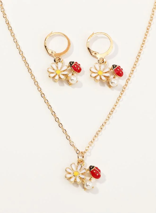 Girls Multi-Color Red Ladybug and Daisy Pendant Necklace and Earrings Set