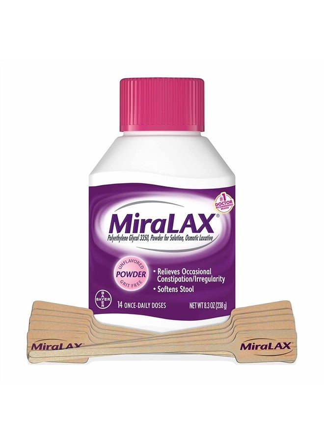 MiraLAX Gentle Constipation Relief Laxative Powder with Stirrer, Stool Softener with PEG 3350, No Harsh Side Effects, Osmotic Laxative, #1 Physician Recommended, 14 Dose  - Image 1