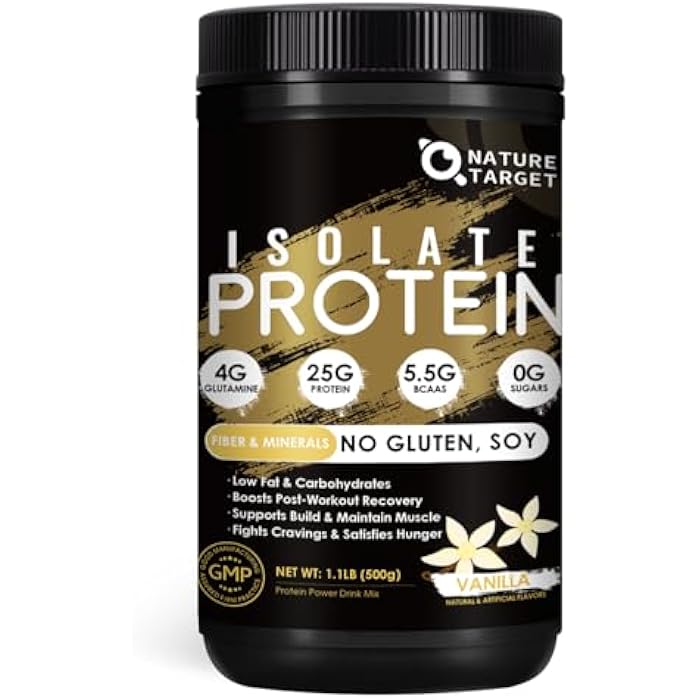 NATURE TARGET Isolate Whey Protein Powder Vanilla, 25g Protein Low Carb Sugar-Free & Gluten-Free, 5.5g BCAAs, Rich in Fibers & Minerals, 1.1 Pound, 16 Servings - Image 1