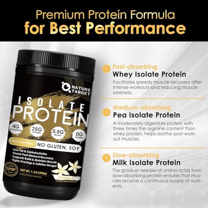 NATURE TARGET Isolate Whey Protein Powder Vanilla, 25g Protein Low Carb Sugar-Free & Gluten-Free, 5.5g BCAAs, Rich in Fibers & Minerals, 1.1 Pound, 16 Servings - Image 4