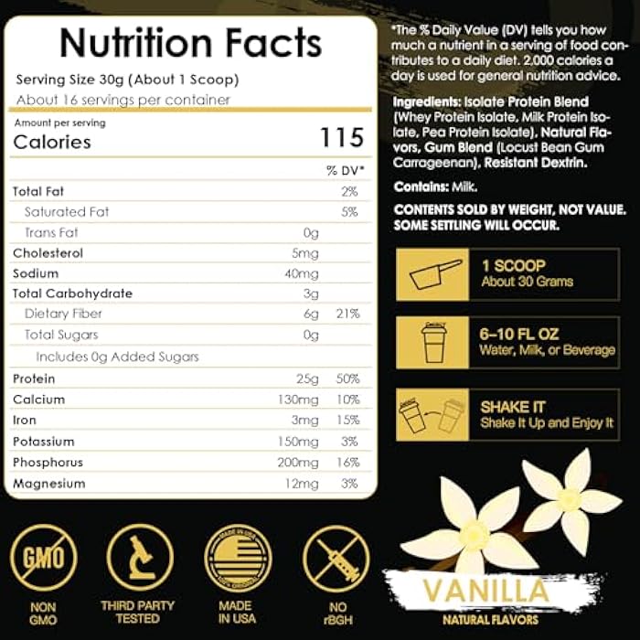 NATURE TARGET Isolate Whey Protein Powder Vanilla, 25g Protein Low Carb Sugar-Free & Gluten-Free, 5.5g BCAAs, Rich in Fibers & Minerals, 1.1 Pound, 16 Servings - Image 2