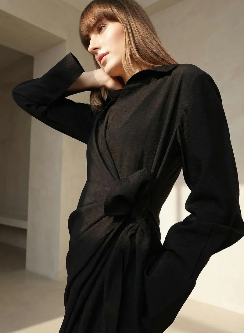 Dennis Lingo  Black Viscose Blend Solid Print Midi Wrap Relaxed Dress For Women for Women | Best Price UAE