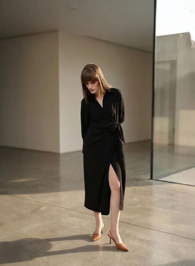 Dennis Lingo  Black Viscose Blend Solid Print Midi Wrap Relaxed Dress For Women for Women | Best Price UAE