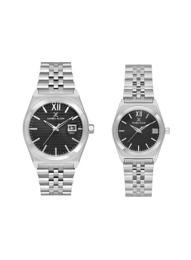 DANIEL KLEIN Unisex Stainless Steel Silver Steel Case Analog Black Round Emboss Dial Japanese Quartz Pair 30-50 Meters Water Resistant