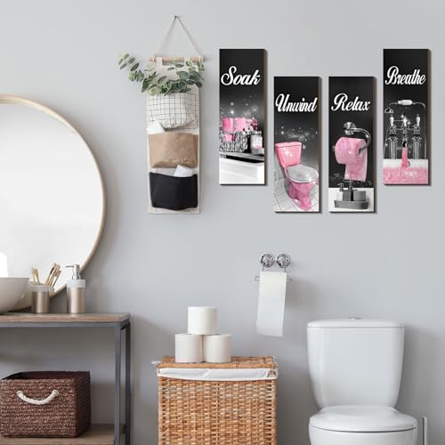 Honoson 4 Pcs Bathroom Decor Wall Art Farmhouse Bathroom Pictures Wall Decor Soak Unwind Relax Breathe Wood Hanging Sign for Home Spa LaundryClassicBlack Pink157 x 59 Inch - Image 3