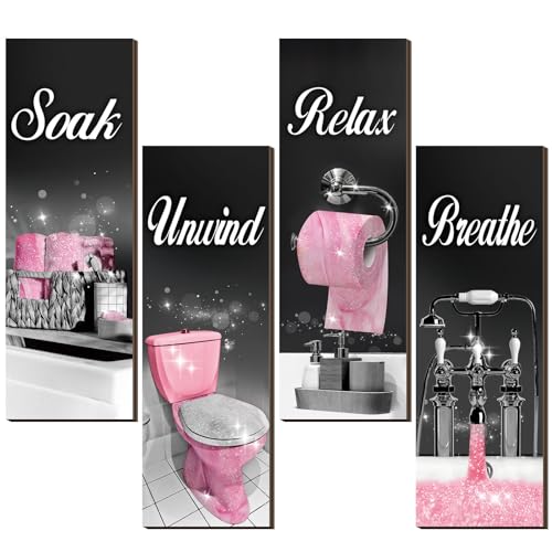 Honoson 4 Pcs Bathroom Decor Wall Art Farmhouse Bathroom Pictures Wall Decor Soak Unwind Relax Breathe Wood Hanging Sign for Home Spa LaundryClassicBlack Pink157 x 59 Inch - Image 1
