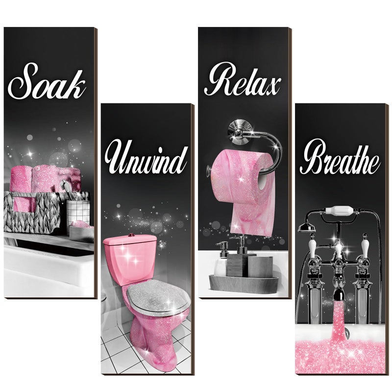 Honoson 4 Pcs Bathroom Decor Wall Art Farmhouse Bathroom Pictures Wall Decor Soak Unwind Relax Breathe Wood Hanging Sign for Home Spa LaundryClassicBlack Pink157 x 59 Inch - Image 2