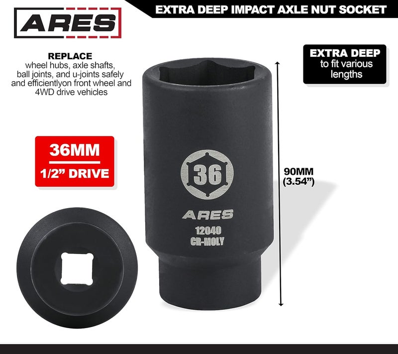 ARES 12040-36MM مفتاح صمولة محور - مفتاح 6 نقاط - مفتاح تأثير عميق إضافي 1/2 بوصة لإزالة سهلة لصمامات محور العجلات - Image 2