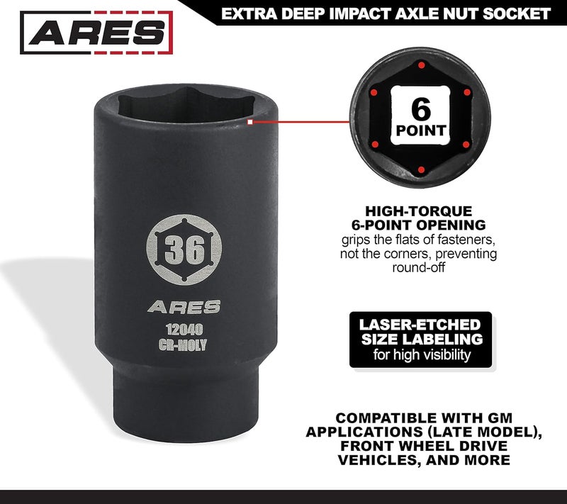 ARES 12040-36MM مفتاح صمولة محور - مفتاح 6 نقاط - مفتاح تأثير عميق إضافي 1/2 بوصة لإزالة سهلة لصمامات محور العجلات - Image 3
