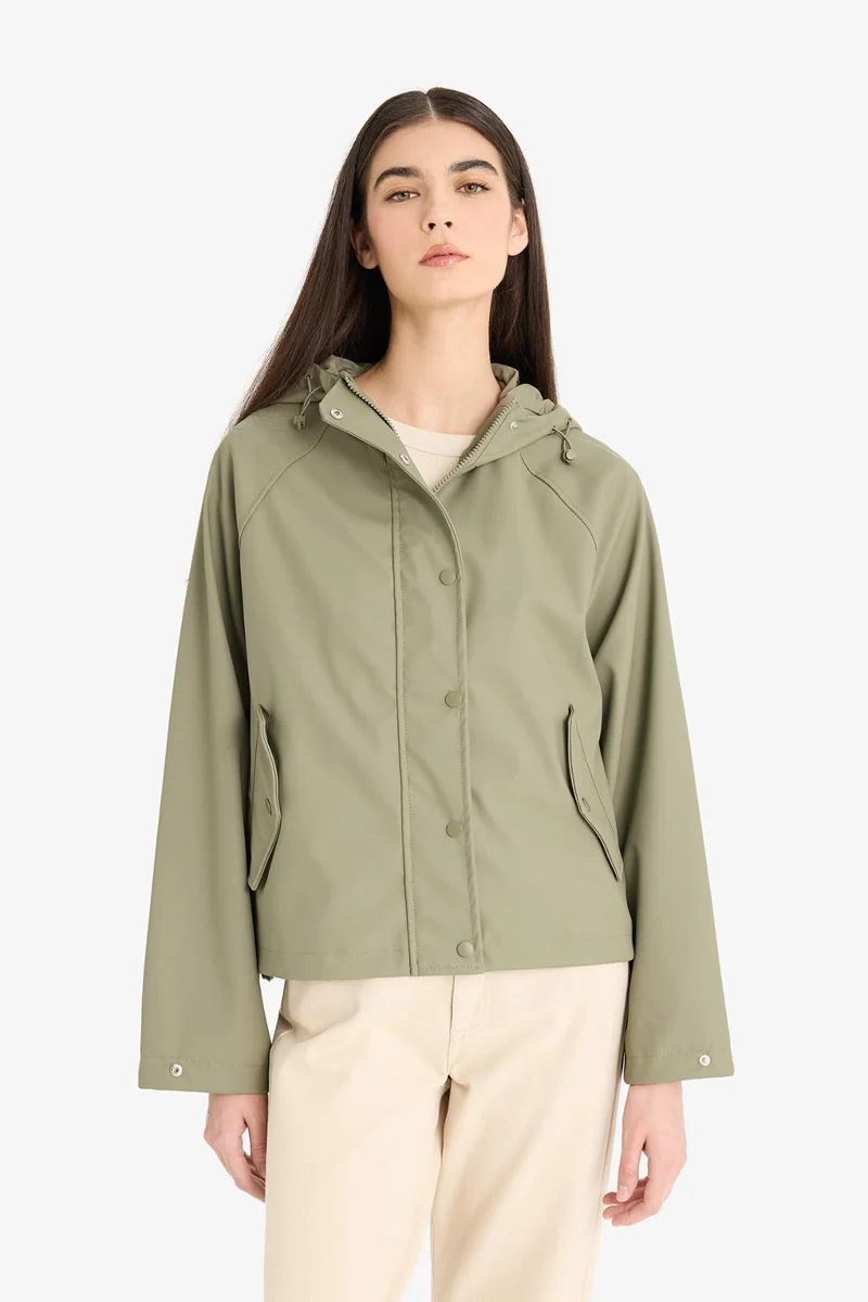 Defacto  Regular Fit Hooded Faux Leather Rain Jacket  | Best Price UAE