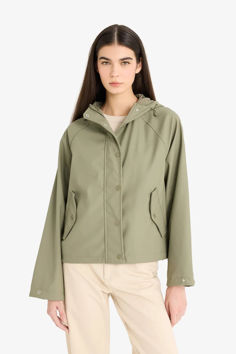 Defacto  Regular Fit Hooded Faux Leather Rain Jacket  | Best Price UAE