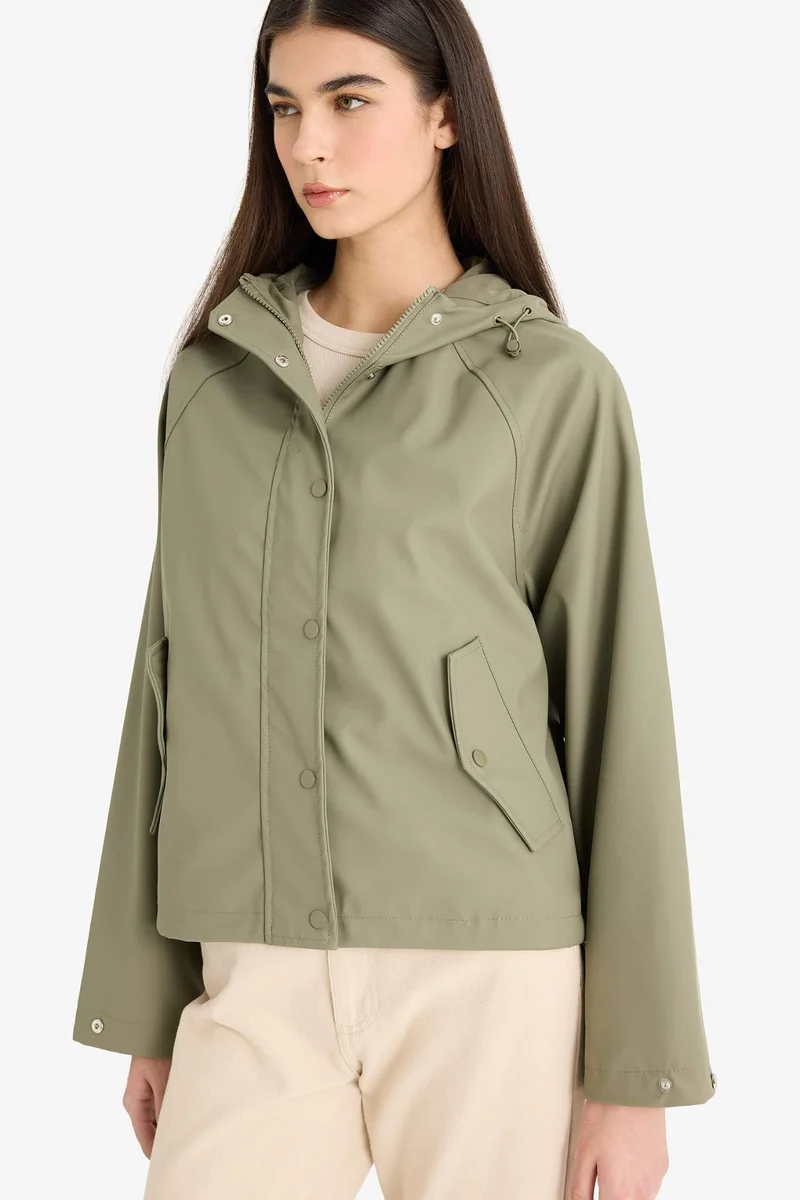 ديفاكتو Regular Fit Hooded Faux Leather Rain Jacket