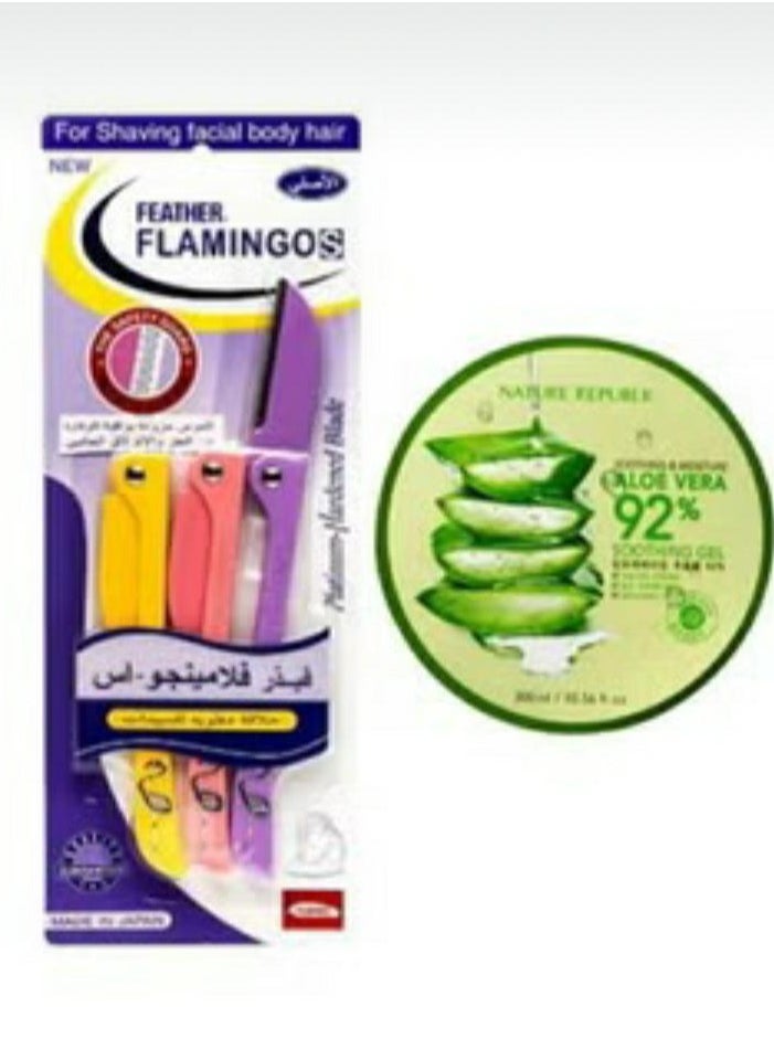 Feather-Flamingo 3-Piece Facial Touch-up Razor Purple/Peach/Yellow AND Soothing And Moisture Aloe Vera Gel Clear 300ml 