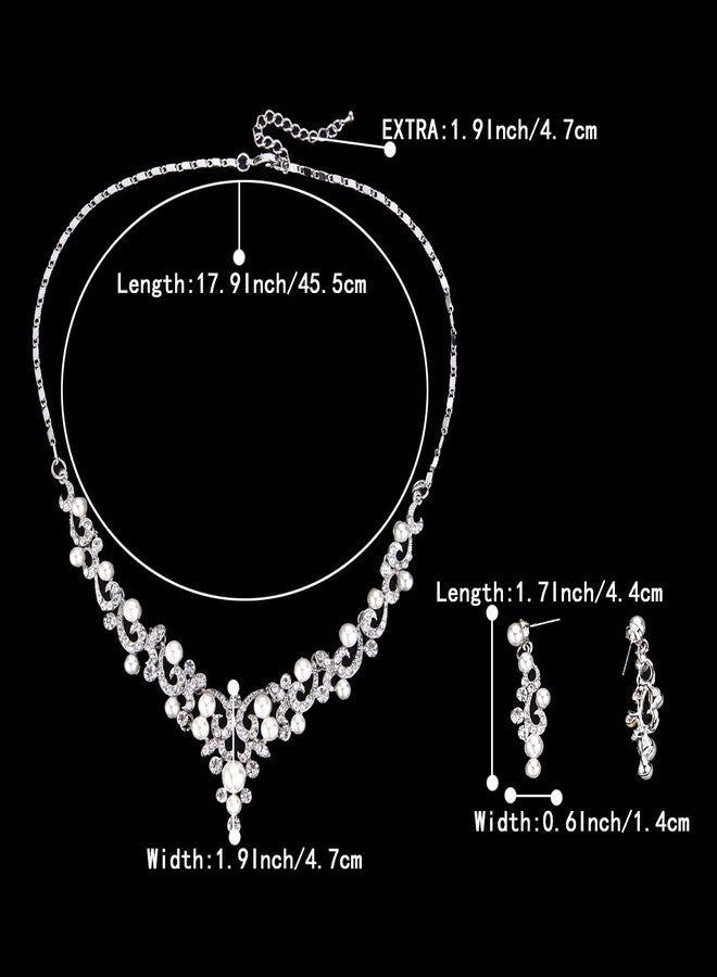 BriLove Wedding Bridal Simulated Pearl Necklace Earrings Jewelry Set for Women Filigree Vine Y-Necklace Dangle Earring Clear Silver-Tone - Image 5