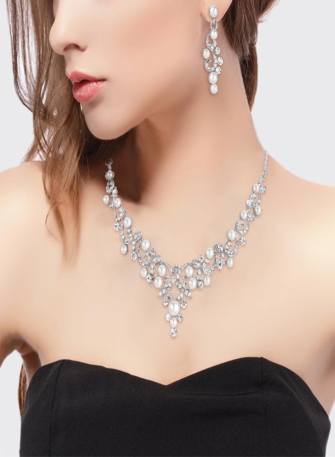 BriLove Wedding Bridal Simulated Pearl Necklace Earrings Jewelry Set for Women Filigree Vine Y-Necklace Dangle Earring Clear Silver-Tone - Image 2