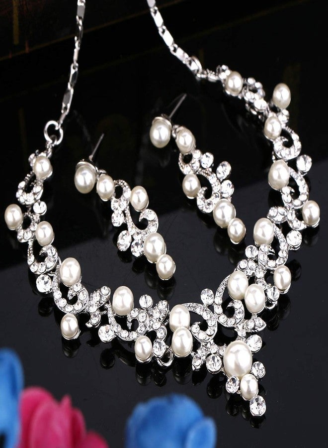 BriLove Wedding Bridal Simulated Pearl Necklace Earrings Jewelry Set for Women Filigree Vine Y-Necklace Dangle Earring Clear Silver-Tone - Image 4