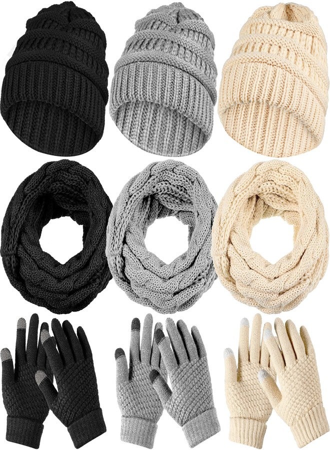 JaGely 9 Pcs Women Hats Gloves Scarf Set Winter Knit Beanie Hat Touchscreen Gloves and Scarf Knit Set Gifts for Men Women (Black, Gray, Beige) - Image 1