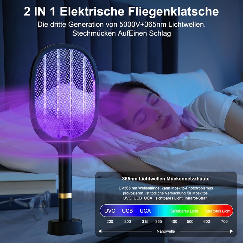 YOUBST Electric Electric Fly Swatter 5000 V, Extra Strong Electric Fly Swatter, 2-in-1 USB Type-C Electric Mosquito Swatter with Battery Rechargeable & UV Light Trap for Mosquitoes, Flies, Wasps - Image 4
