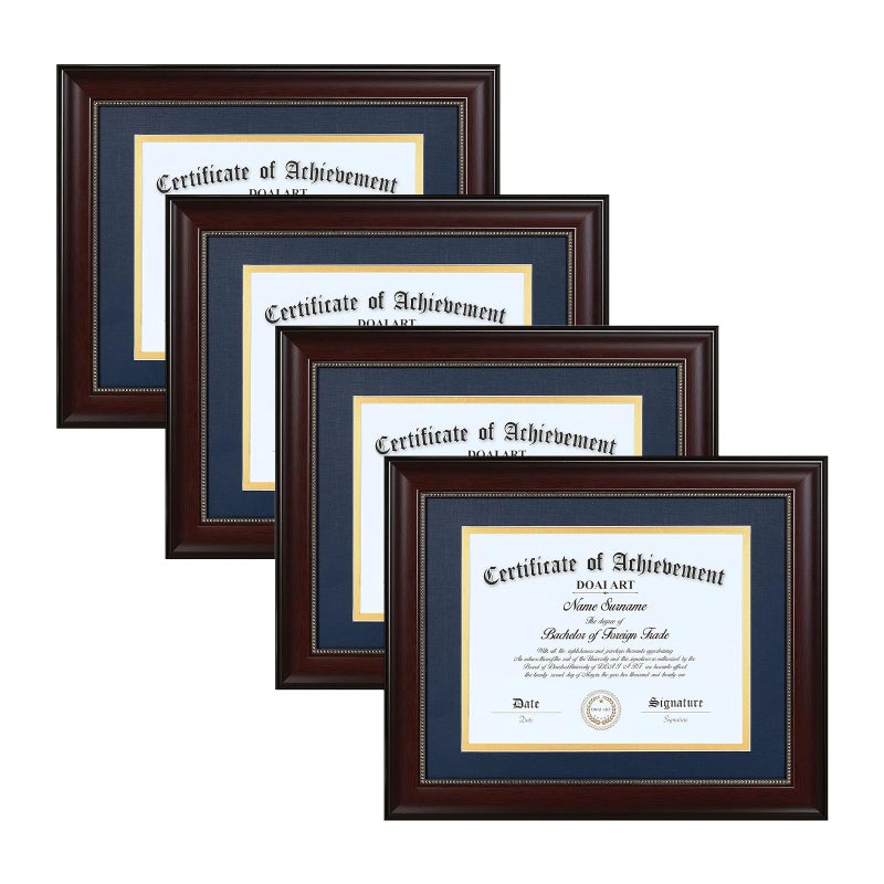 DOAI ART 85 x 11 Diploma Frame Set of 4 Classic Mahogany with Blue and Gold Double Mat or Displays DocumentCertificate 11x14inch Without MatWide Molding Gold Beads Hanging Hardware Included