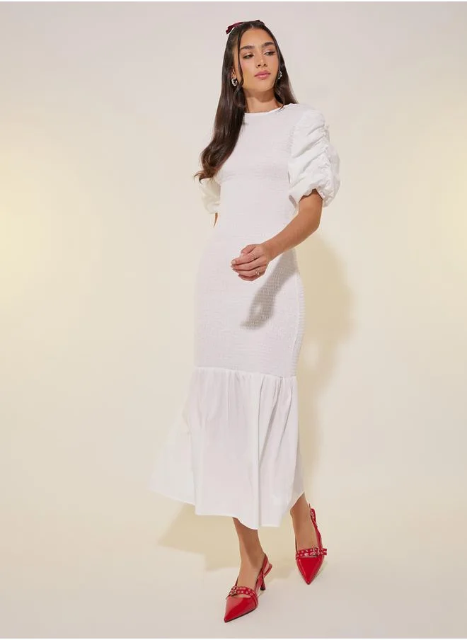 ستايلي Smocked Ruched Sleeves Sheath Midi Dress